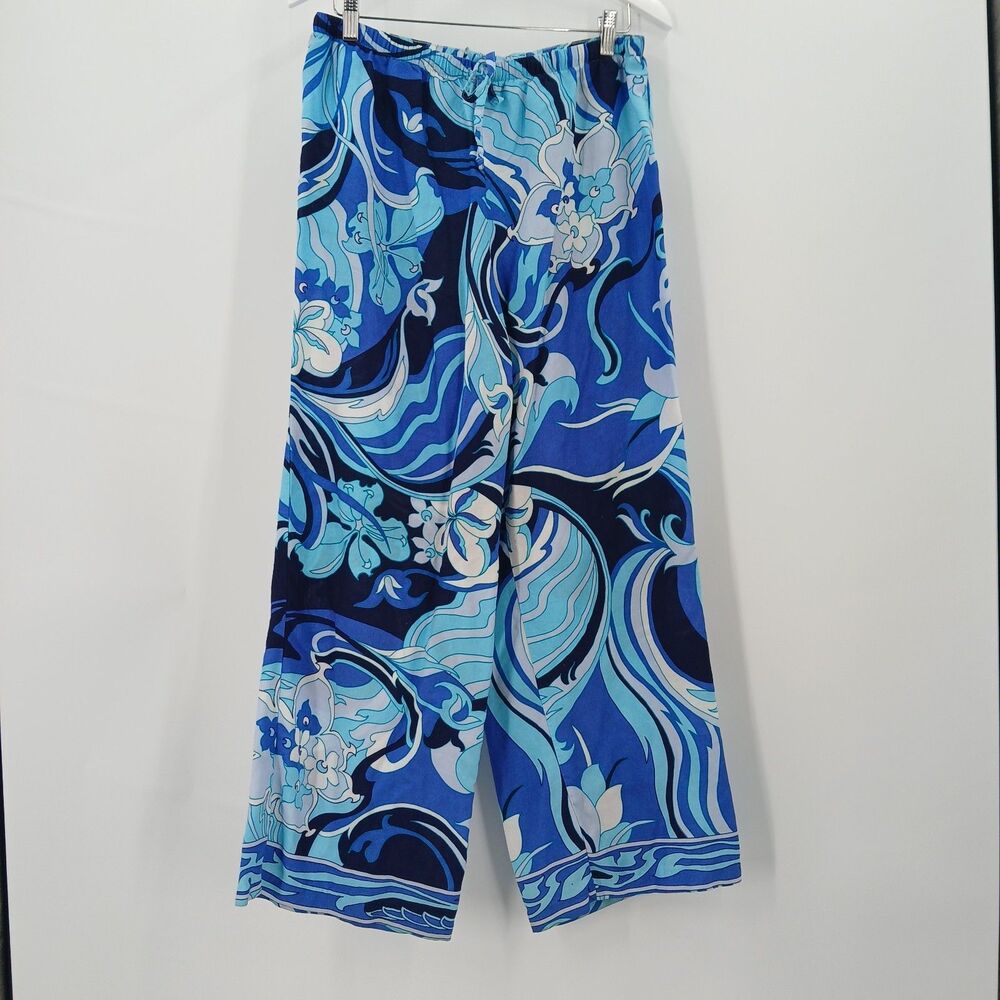 Wide Leg Pull On Pants Womens L Blue Retro Print Boho Festival Aesthetic